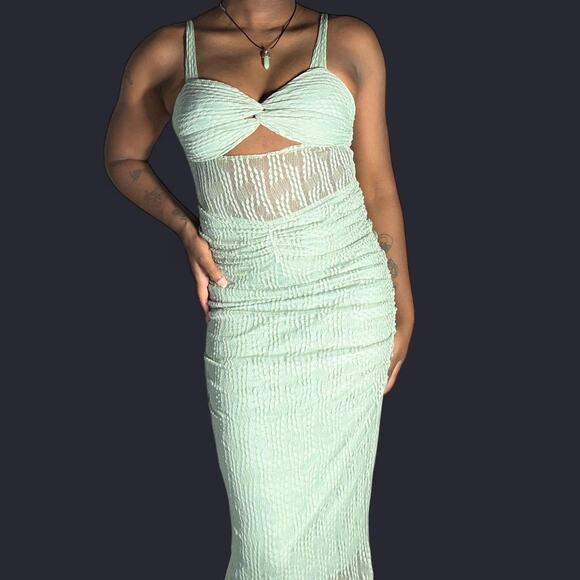 Green midi dress with lace sheer detail. - Picture 1 of 4